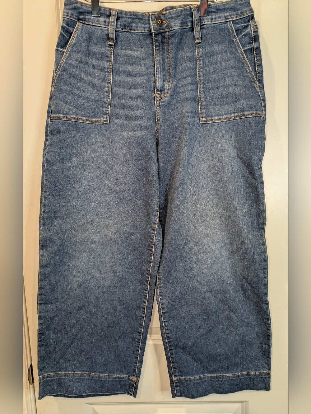 Style & Co Wide Crop Jeans Womens 12 Blue Denim Wide Leg Cropped High Rise Patch